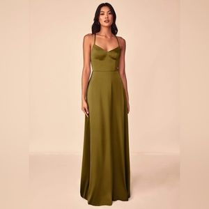 Azazie A-Line V-Neck Stretch Satin Floor Length Dress